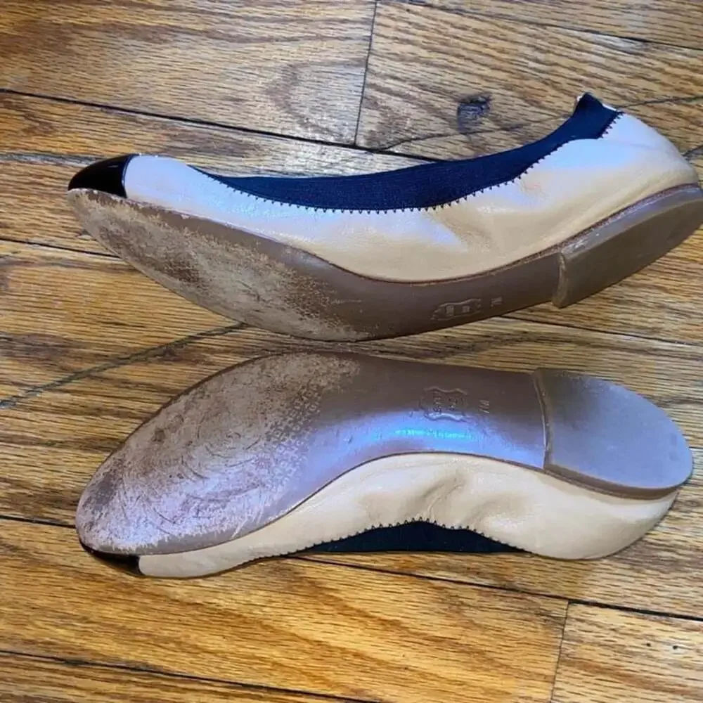 Tory Burch Ballet Flats, Beige Leather with Black Cap Toe - Women's Size 7